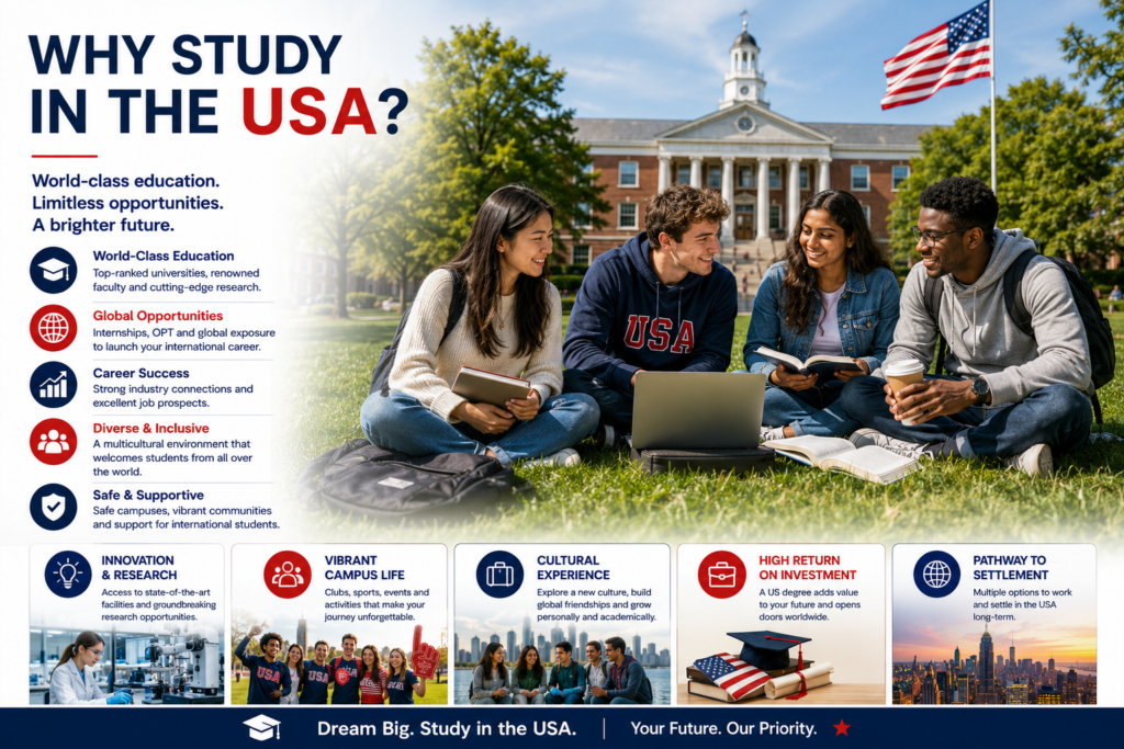 International students collaborating on a modern American university campus, highlighting world-class education, innovation, diversity and global career opportunities in the USA.