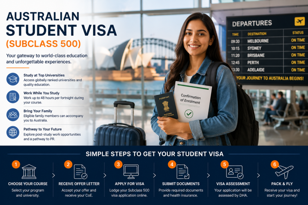 International student preparing to travel to Australia with passport, Confirmation of Enrolment (CoE) and Australian Student Visa (Subclass 500).