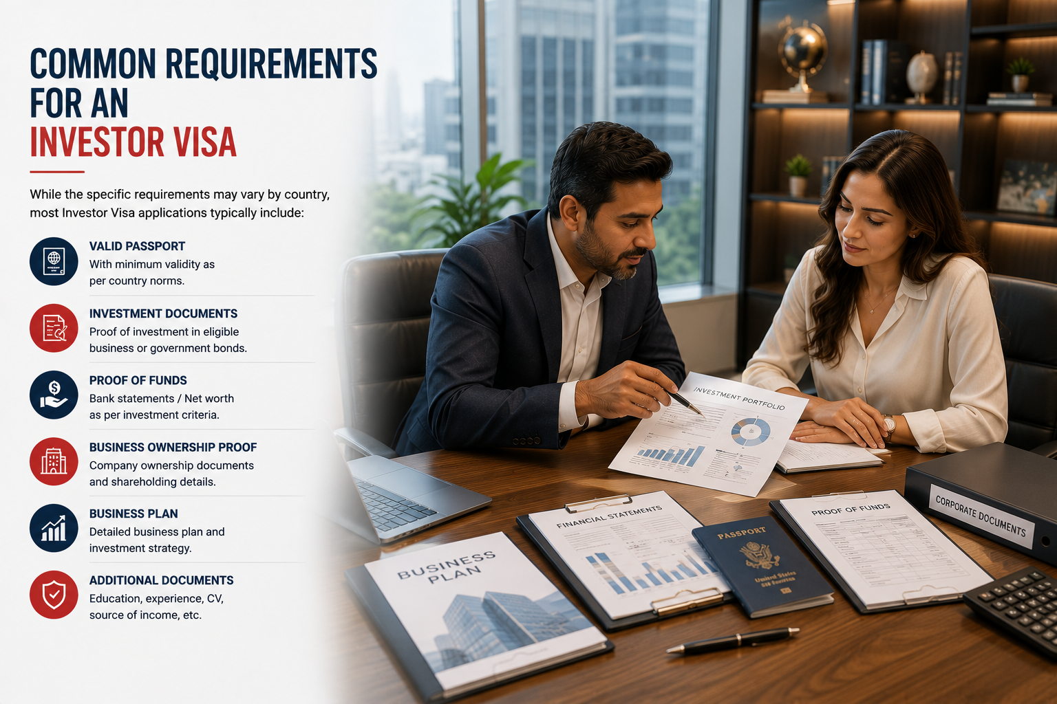 Professional investor visa consultant reviewing investment documents, proof of funds, business plan, passport and financial records with an investor for a successful global investor visa application.