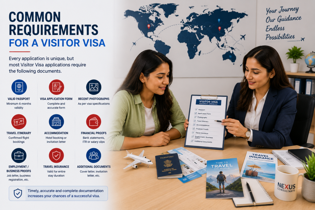 Visitor visa consultant explaining common visitor visa requirements, including passport, application form, financial documents, travel itinerary, accommodation proof and travel insurance for international travel applications.