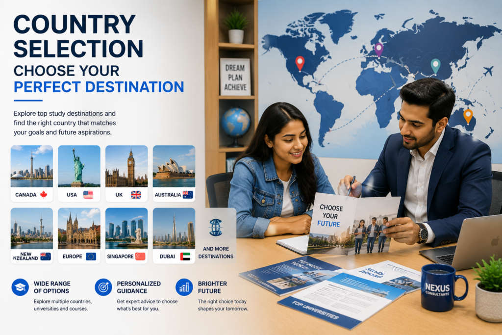 Education counsellor helping an international student compare top study destinations including Australia, Canada, USA, UK, New Zealand, Singapore and Europe to choose the best country for higher education.