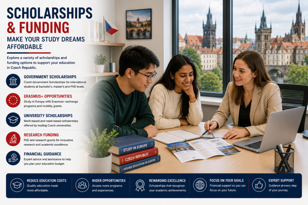 International student receiving professional guidance on scholarships and funding opportunities in the Czech Republic, highlighting government scholarships, Erasmus+, university scholarships, research funding and financial planning for international students.