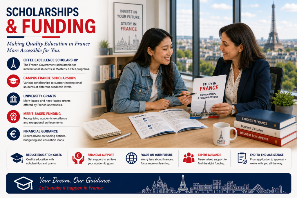 International student receiving professional guidance on scholarships and funding opportunities in France, highlighting Eiffel Excellence Scholarships, Campus France scholarships, university grants, merit-based funding and financial support for international students.