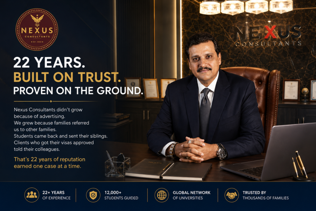 Professional franchise opportunity banner featuring the Founder of Nexus Consultants and 22 years of trusted overseas education experience.