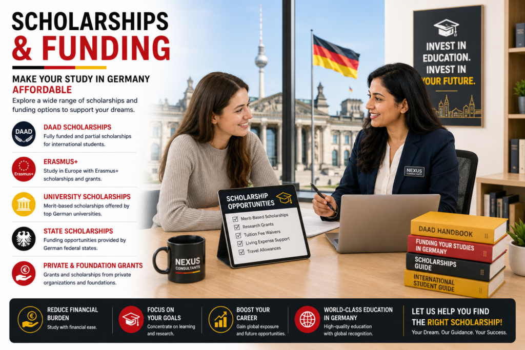 International student receiving guidance on scholarships and funding opportunities in Germany, highlighting DAAD scholarships, Erasmus+, university scholarships, state funding and private grants for international students.
