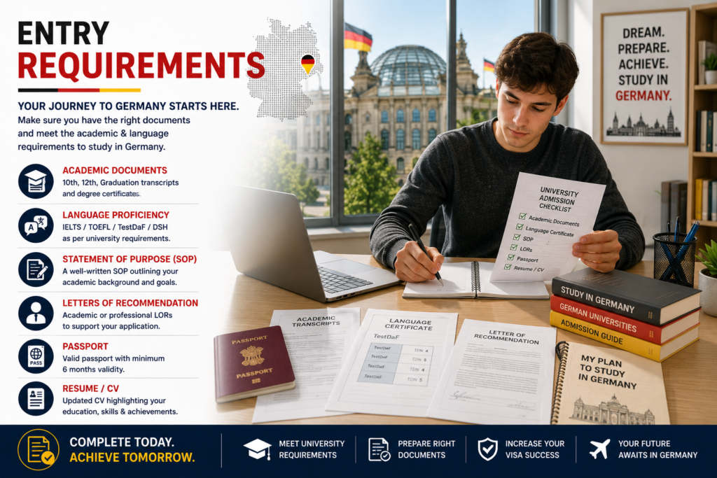 International student preparing German university admission documents including academic transcripts, language proficiency certificate, statement of purpose, recommendation letters, passport and resume for studying in Germany.