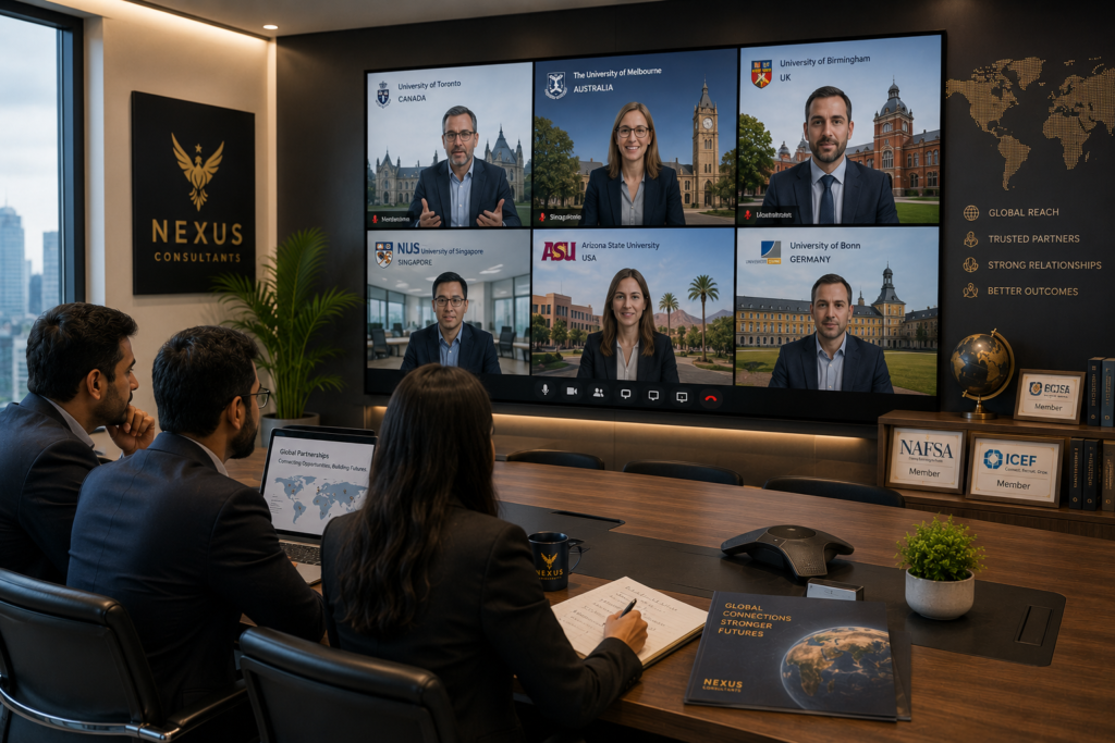 Nexus Consultants team collaborating virtually with international university representatives, demonstrating global partnerships and institutional engagement.