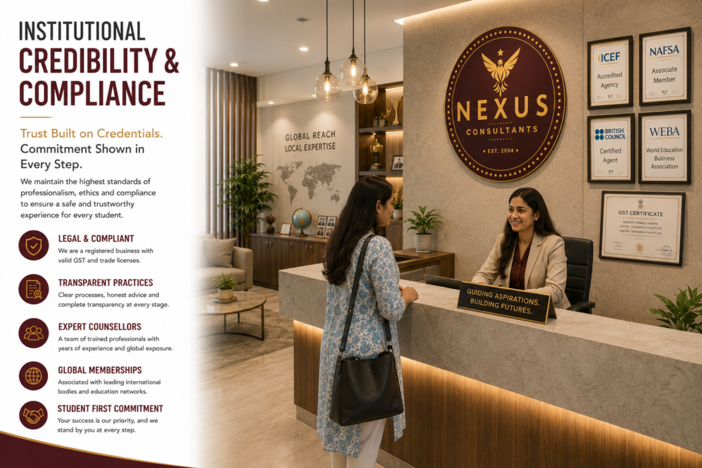 Professional reception area at Nexus Consultants showcasing international memberships, compliance credentials and a welcoming student-first environment.