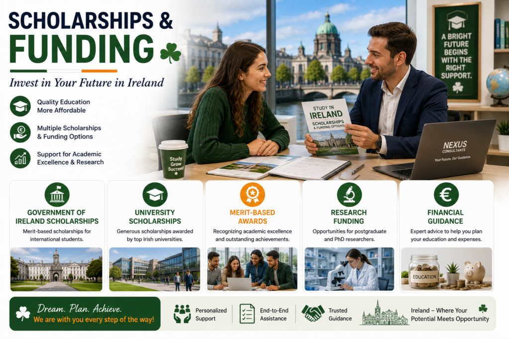 International student receiving professional guidance on scholarships and funding opportunities in Ireland, highlighting Government of Ireland Scholarships, university scholarships, merit-based awards, research funding and financial support for international students.
