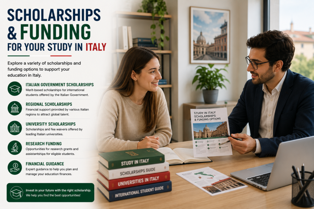International student receiving professional guidance on scholarships and funding opportunities in Italy, highlighting Italian Government Scholarships, regional scholarships, university scholarships, research funding and financial planning for international students.