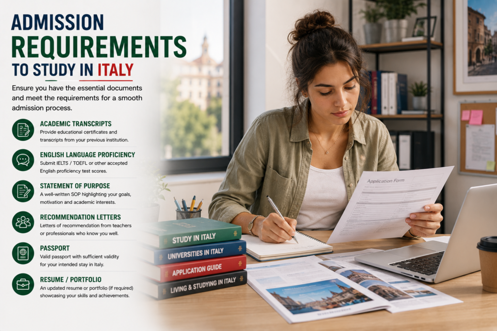 International student preparing admission documents for an Italian university, including academic transcripts, English language proficiency test results, statement of purpose, recommendation letters, passport and resume or portfolio for studying in Italy.