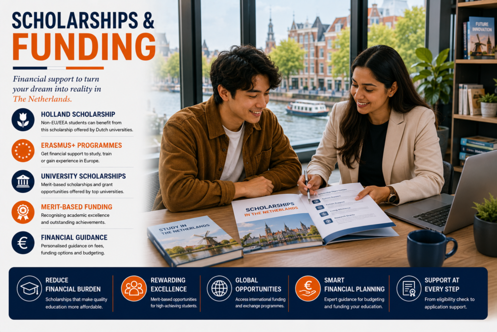 nternational student receiving professional guidance on scholarships and funding opportunities in the Netherlands, highlighting Holland Scholarship, Erasmus+, university scholarships, merit-based funding and financial planning for international students.