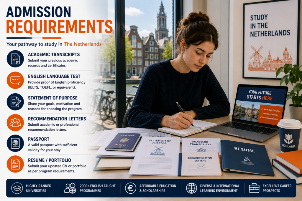 International student preparing Dutch university admission documents including academic transcripts, English language proficiency certificate, statement of purpose, recommendation letters, passport and resume or portfolio for studying in the Netherlands.