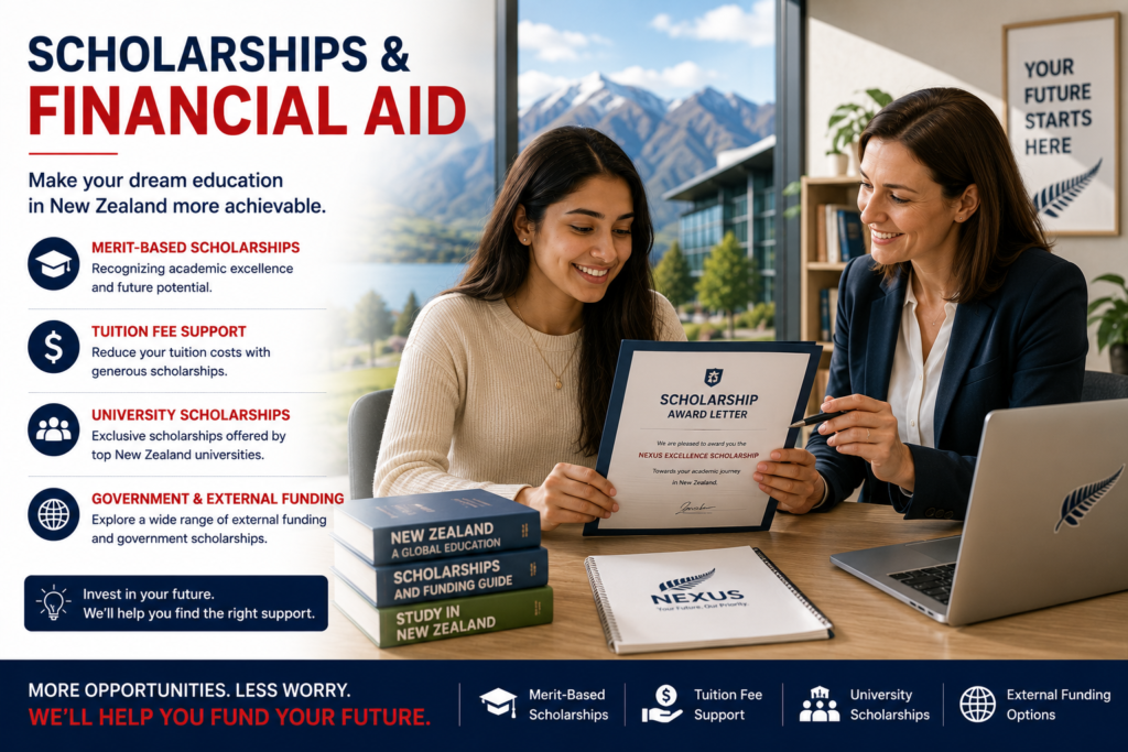International student discussing scholarships and financial aid with a university advisor in New Zealand, highlighting merit-based scholarships, tuition fee support and education funding opportunities for international students.