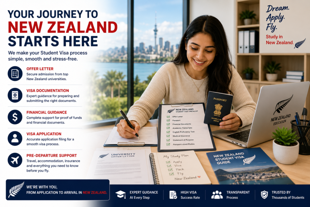 International student preparing a New Zealand student visa application with passport, university offer letter, financial documents and visa checklist, highlighting the complete study visa process for international students.
