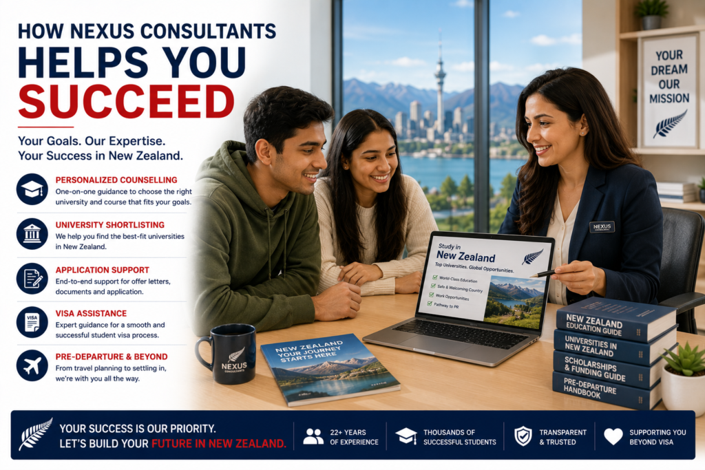 Education counsellor guiding international students through university selection, application support and New Zealand student visa planning during a professional study abroad consultation at Nexus Consultants.
