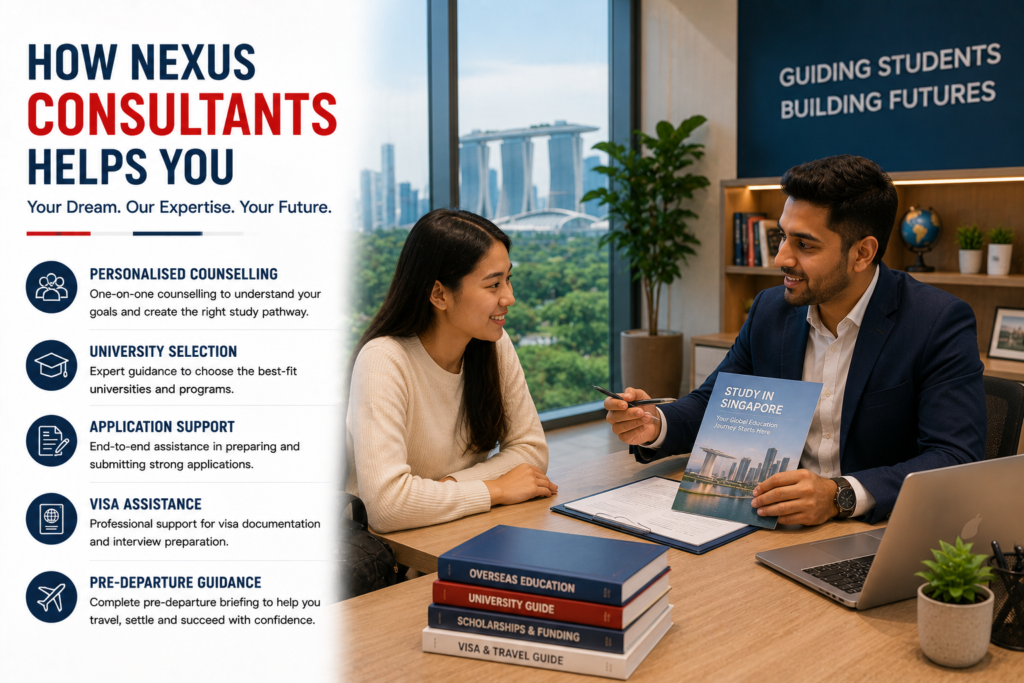 Education counsellor at Nexus Consultants guiding an international student through university selection, application support, visa assistance and pre-departure planning for studying in Singapore during a professional counselling session.
