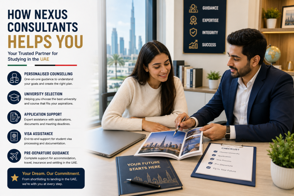 Education counsellor at Nexus Consultants guiding an international student through university selection, application support, visa assistance and pre-departure planning for studying in the United Arab Emirates during a professional counselling session.