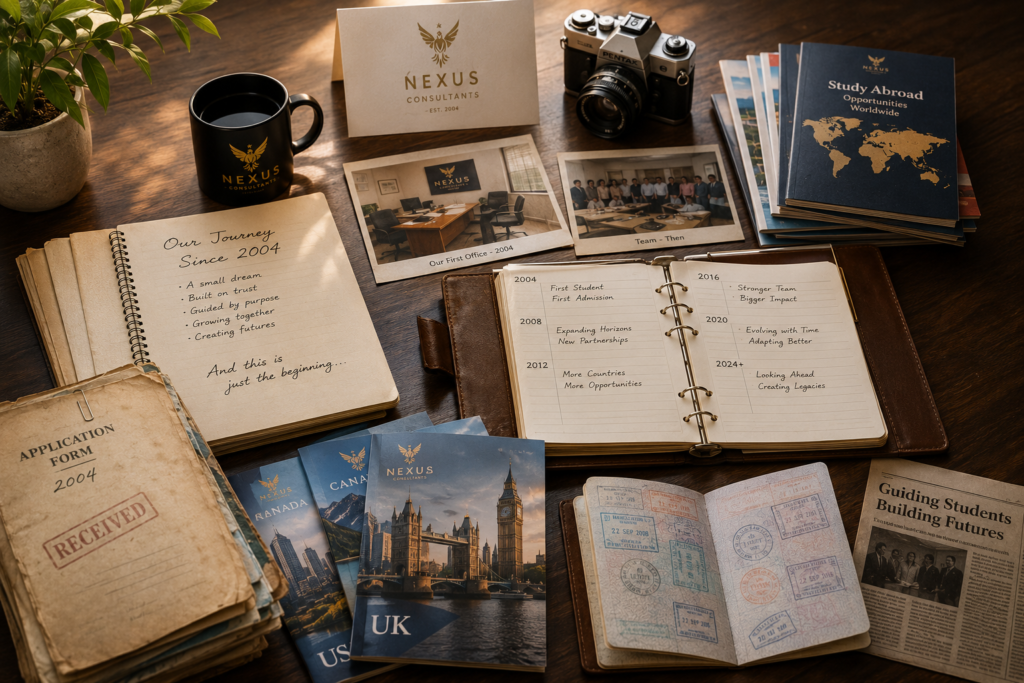 Historic study abroad documents, passports, brochures and archival material representing the evolution of Nexus Consultants since 2004.