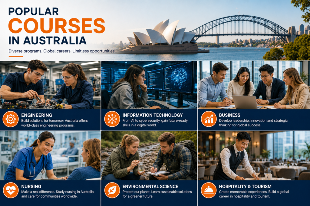 Students studying engineering, information technology, artificial intelligence, business, nursing, environmental science and hospitality at leading Australian universities.