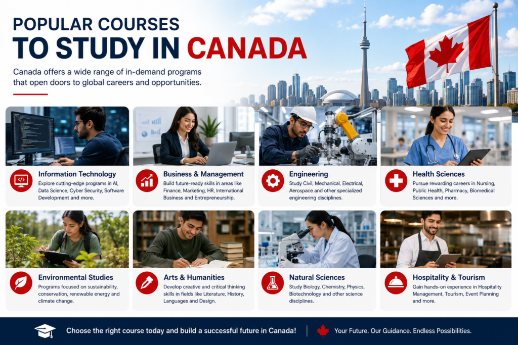 Students studying information technology, artificial intelligence, engineering, business, health sciences, environmental studies and hospitality at Canadian universities.