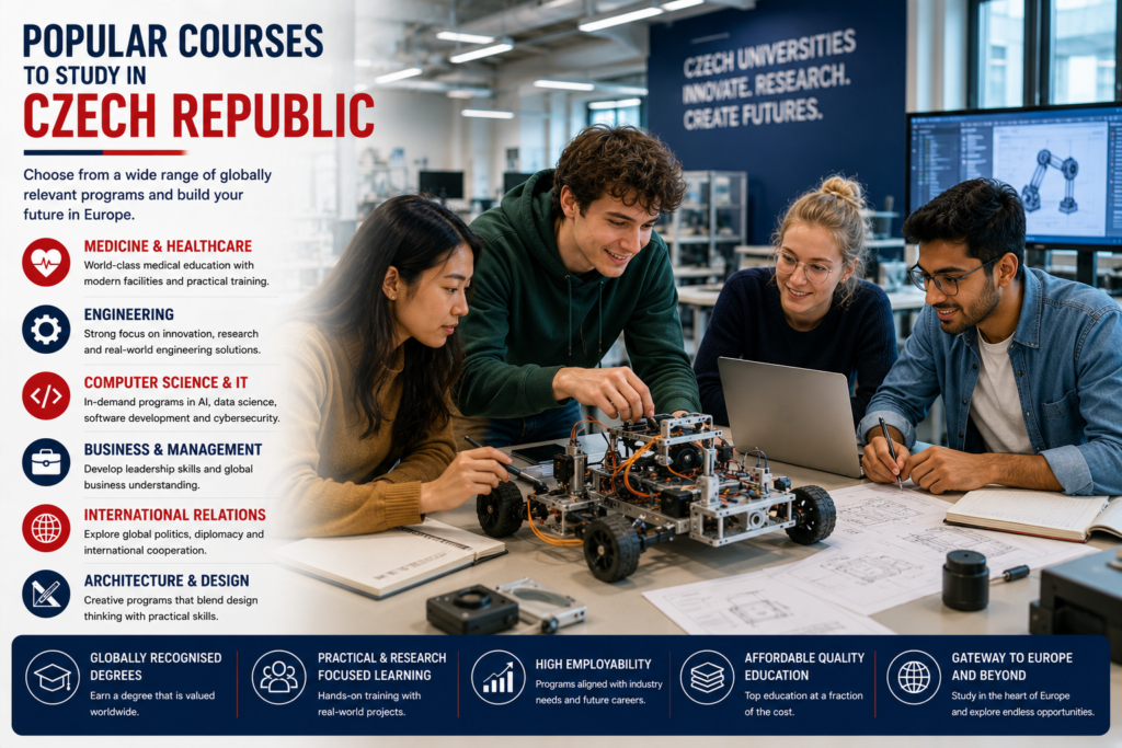 International students working in a modern engineering and innovation laboratory at a Czech university, showcasing popular courses including Medicine and Healthcare, Engineering, Computer Science and Information Technology, Business and Management, International Relations, and Architecture and Design in the Czech Republic.