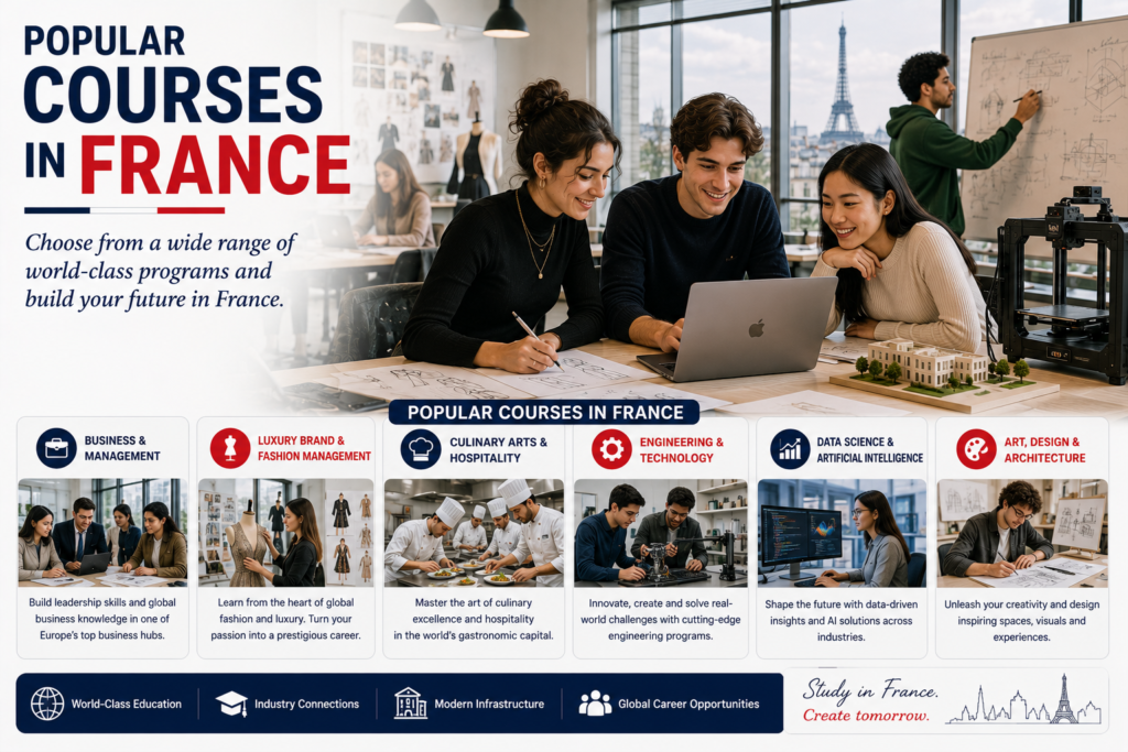 International students collaborating in a modern French university innovation and design studio, showcasing popular courses including Business and Management, Luxury Brand and Fashion Management, Culinary Arts and Hospitality, Engineering, Data Science and Artificial Intelligence, and Art, Design and Architecture in France.