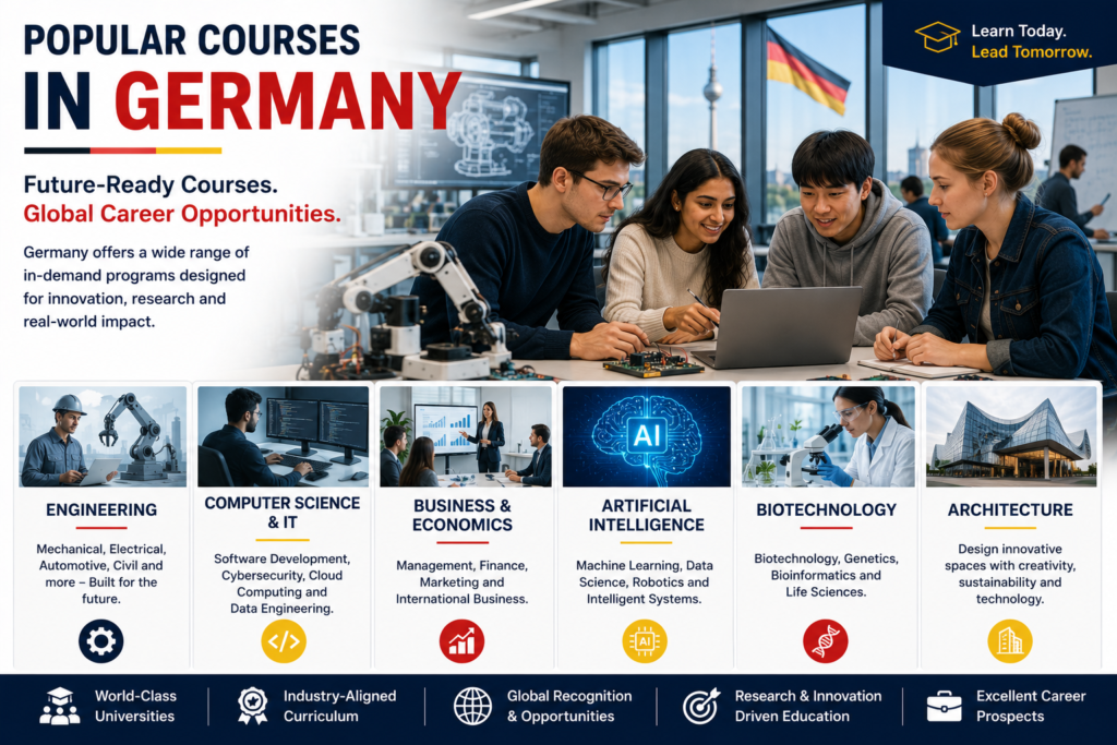 International students collaborating in a modern German university innovation lab, showcasing popular courses including Engineering, Computer Science, Business, Artificial Intelligence, Biotechnology and Architecture for global career opportunities in Germany.