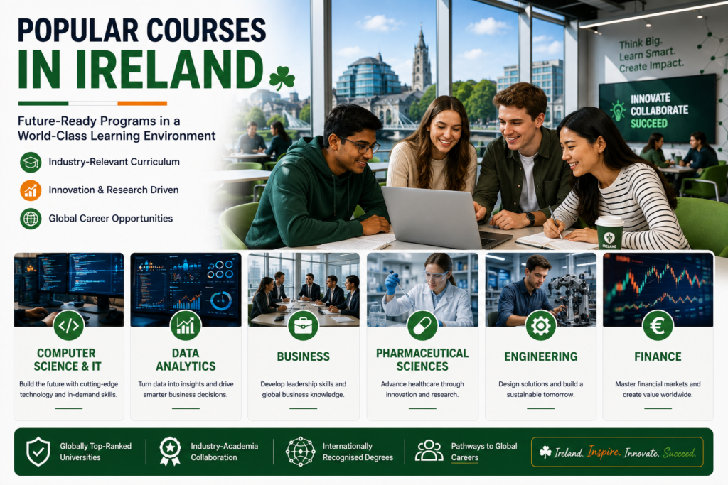 International students collaborating in a modern Irish university innovation hub, showcasing popular courses including Computer Science, Data Analytics, Business, Pharmaceutical Sciences, Engineering and Finance for global career opportunities in Ireland.