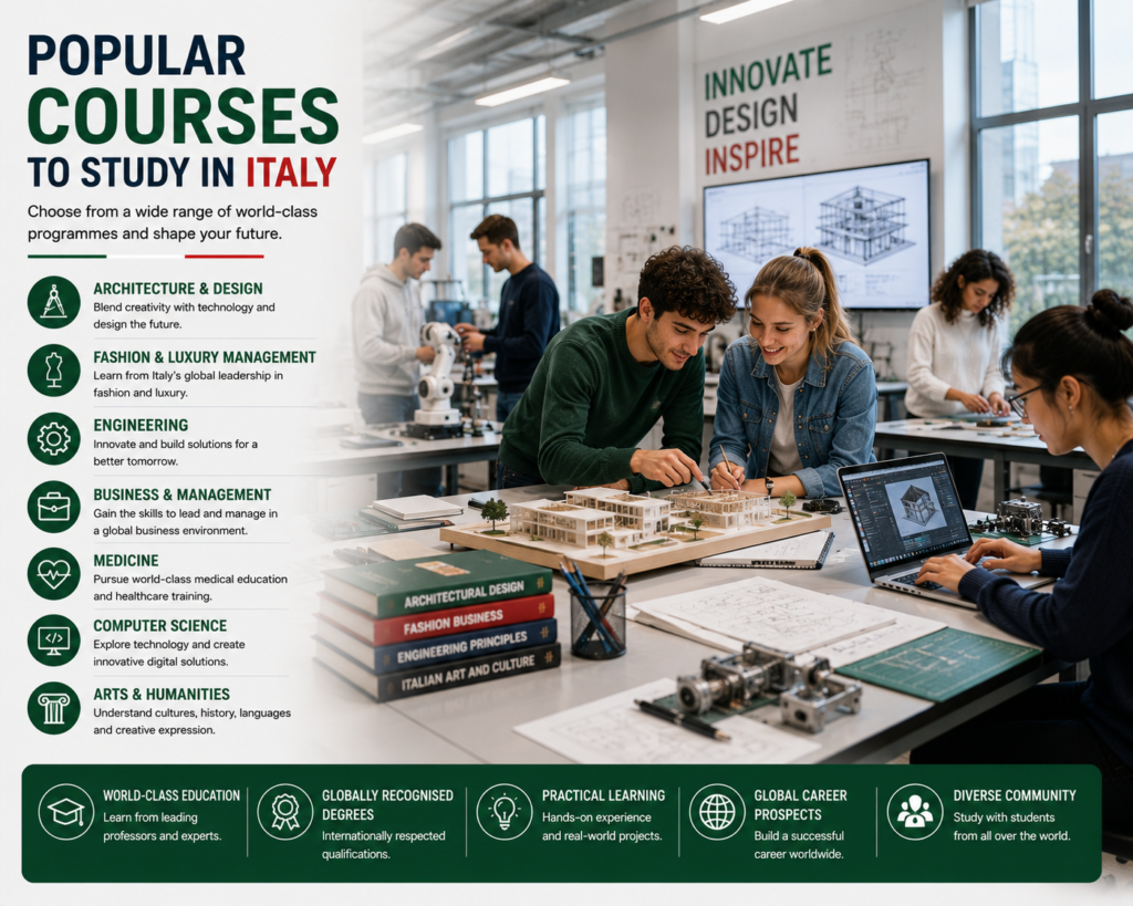 International students working in a modern architecture, engineering and innovation laboratory at an Italian university, showcasing popular courses including Architecture and Design, Fashion and Luxury Management, Engineering, Business and Management, Medicine, Computer Science, and Arts and Humanities in Italy.