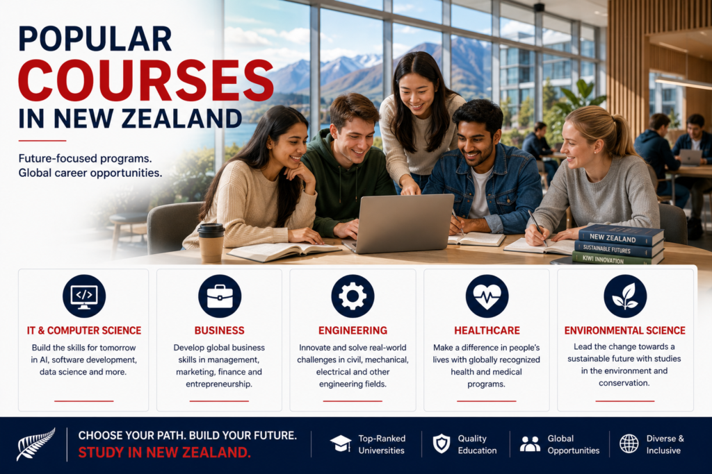 International students collaborating in a modern New Zealand university learning space, showcasing popular courses including IT and Computer Science, Business, Engineering, Healthcare and Environmental Science for global career opportunities.