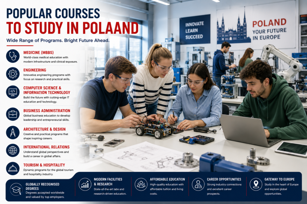 International students working in a modern engineering and innovation laboratory at a Polish university, showcasing popular courses including Medicine (MBBS), Engineering, Computer Science and Information Technology, Business Administration, Architecture and Design, International Relations, and Tourism and Hospitality in Poland.