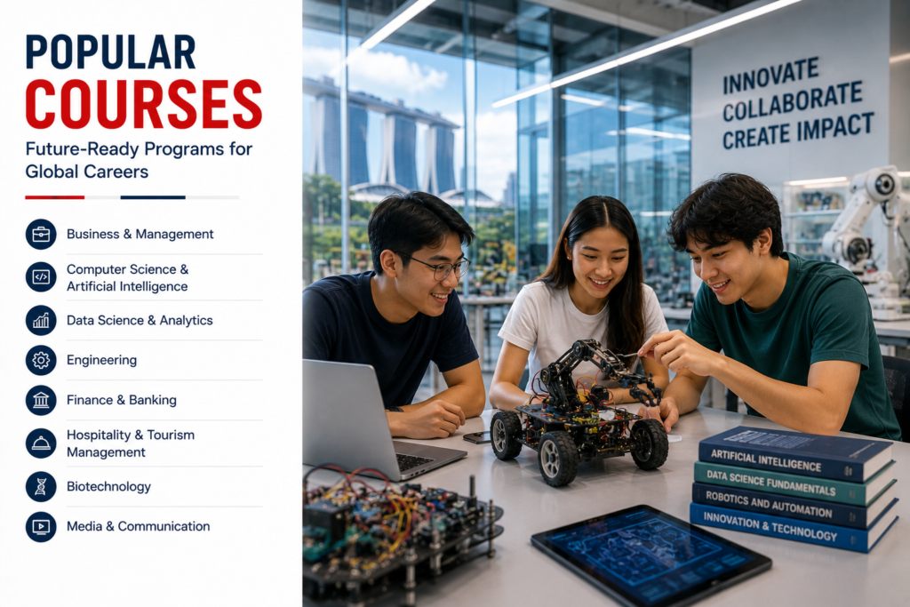 International students working in a modern AI, robotics and innovation laboratory at a Singapore university, showcasing popular courses including Business and Management, Computer Science and Artificial Intelligence, Data Science and Analytics, Engineering, Finance and Banking, Hospitality and Tourism Management, Biotechnology, and Media and Communication in Singapore.