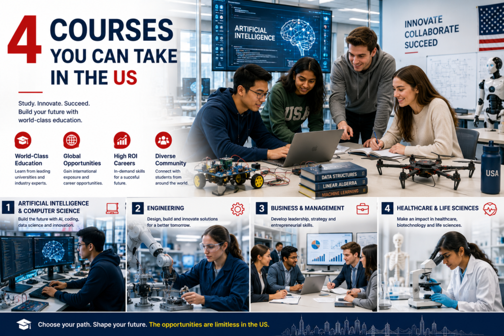 International students studying artificial intelligence, computer science, engineering, business, healthcare and other popular courses at a leading American university.