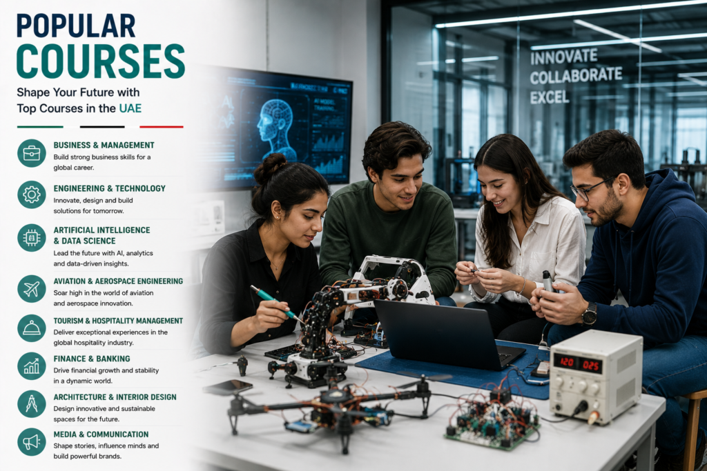 International students working in a modern AI, engineering and innovation laboratory at a UAE university, showcasing popular courses including Business and Management, Engineering and Technology, Artificial Intelligence and Data Science, Aviation and Aerospace Engineering, Tourism and Hospitality Management, Finance and Banking, Architecture and Interior Design, and Media and Communication in the United Arab Emirates.