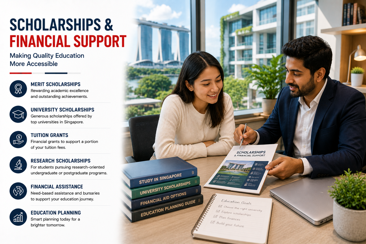International student receiving professional guidance on scholarships and financial support for studying in Singapore, highlighting merit scholarships, university scholarships, tuition grants, research scholarships, financial assistance and education planning for international students.
