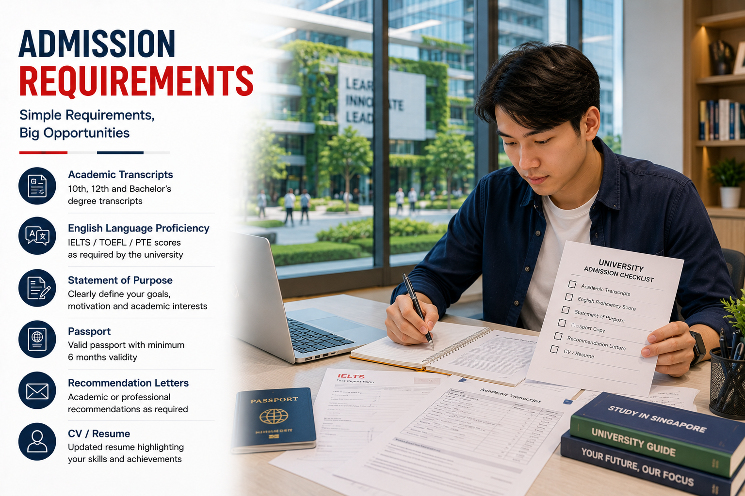 International student preparing admission documents for a Singapore university, including academic transcripts, English language proficiency test results, statement of purpose, passport, recommendation letters and CV or resume for studying in Singapore.