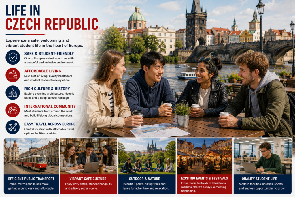 International students enjoying everyday life in the Czech Republic at cafés, university campuses and historic city spaces, highlighting affordable living, a safe student-friendly environment, rich culture, an international community and easy travel across Europe.