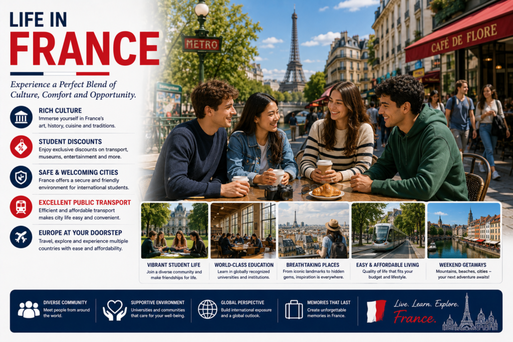 International students enjoying everyday life in France with vibrant cafés, modern university campuses, public transport, historic streets and multicultural communities, highlighting a rich cultural experience, safe cities, student-friendly lifestyle and easy travel across Europe.