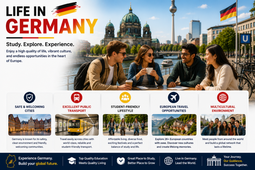 International students enjoying campus life and exploring a vibrant German city, highlighting safe cities, excellent public transport, multicultural communities, student-friendly living and travel opportunities across Europe while studying in Germany.
