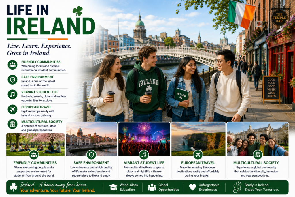 International students enjoying everyday life in Ireland with vibrant city streets, university campuses, cafés, green parks and multicultural communities, highlighting a safe environment, welcoming culture and excellent student lifestyle.