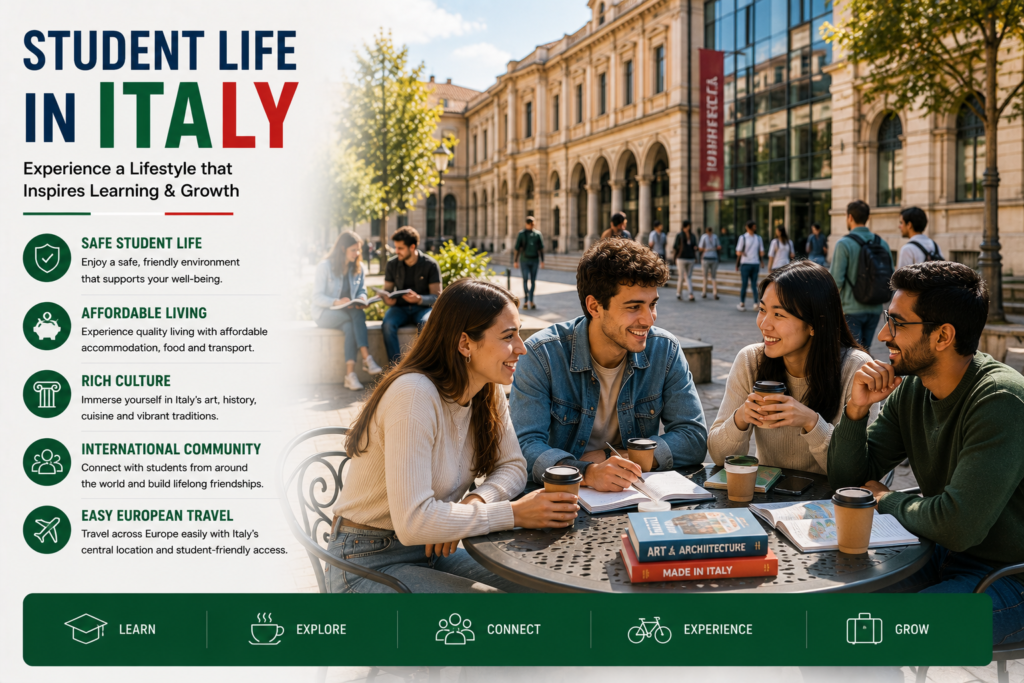 International students enjoying everyday life in Italy at cafés, university campuses and vibrant city spaces, highlighting affordable living, a safe student-friendly environment, rich culture, an international community and easy travel across Europe.