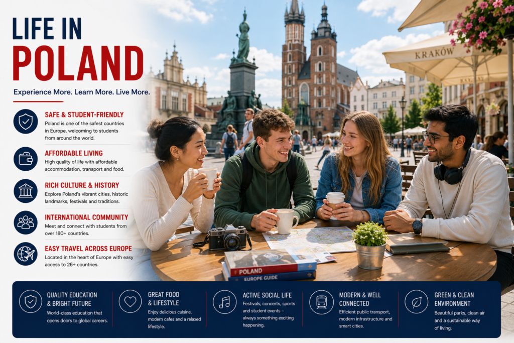 International students enjoying everyday life in Poland at cafés, university campuses and vibrant city spaces, highlighting affordable living, a safe student-friendly environment, rich culture, an international community and easy travel across Europe.