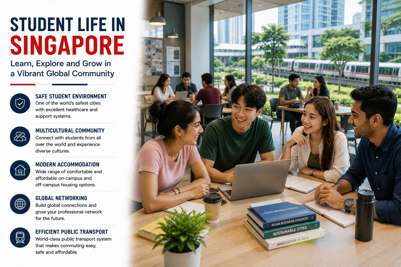 International students enjoying student life at a modern Singapore university through collaborative learning, campus cafés and multicultural social spaces, highlighting a safe student environment, modern accommodation, global networking opportunities and Singapore's efficient public transport system.