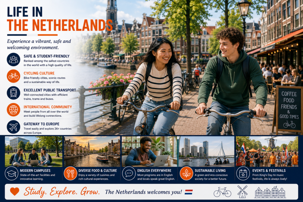 International students enjoying everyday life in the Netherlands by cycling through vibrant canal-side streets, modern university campuses and multicultural neighbourhoods,