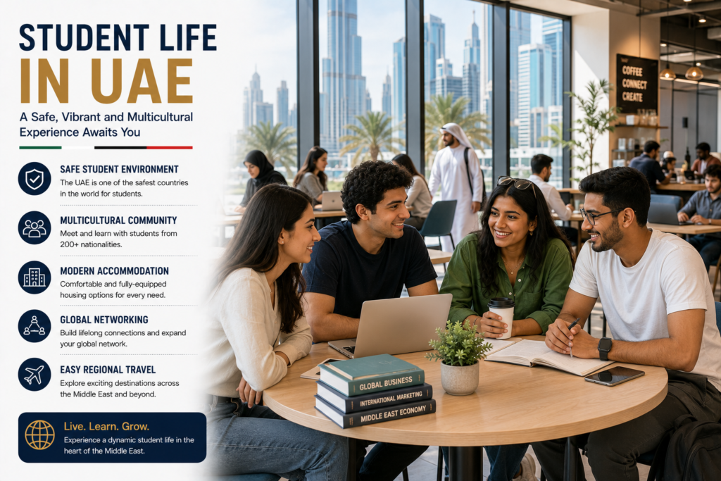 International students enjoying student life at a modern UAE university through collaborative learning, campus cafés and multicultural social spaces, highlighting a safe environment, modern accommodation, global networking opportunities and easy travel across the Middle East.