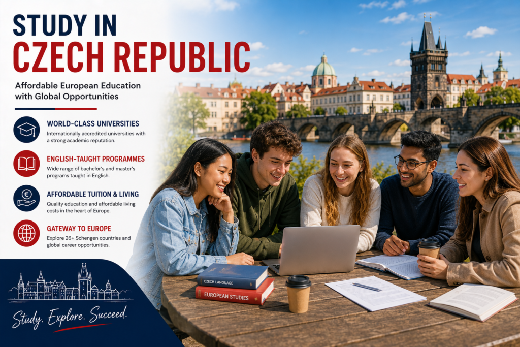 International students studying on a modern Czech university campus with Prague's historic skyline in the background, highlighting world-class universities, English-taught programmes, affordable education, research opportunities and excellent career prospects in the Czech Republic.