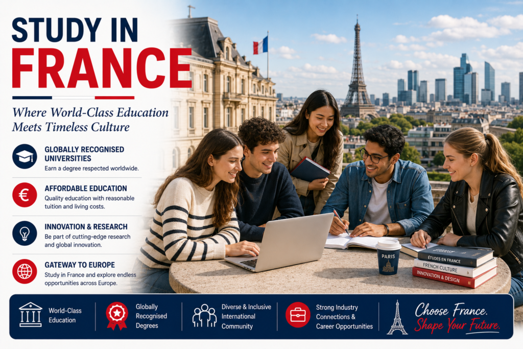 International students studying on a modern French university campus with the Paris skyline in the background, highlighting globally recognised universities, affordable education, innovation, research excellence and gateway-to-Europe opportunities for studying in France.