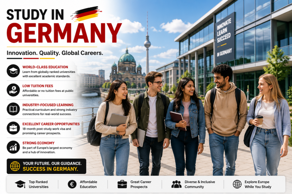 nternational students walking through a modern German university campus with iconic Berlin architecture, highlighting world-class education, affordable tuition, innovation, industry-focused learning and global career opportunities in Germany.