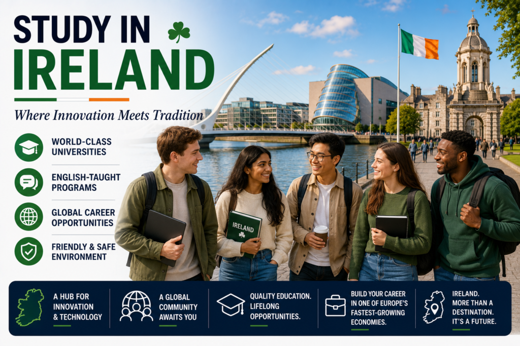 International students walking through a modern Irish university campus with Dublin landmarks, highlighting world-class universities, English-taught programmes, innovation, global career opportunities and a safe, welcoming environment for studying in Ireland.